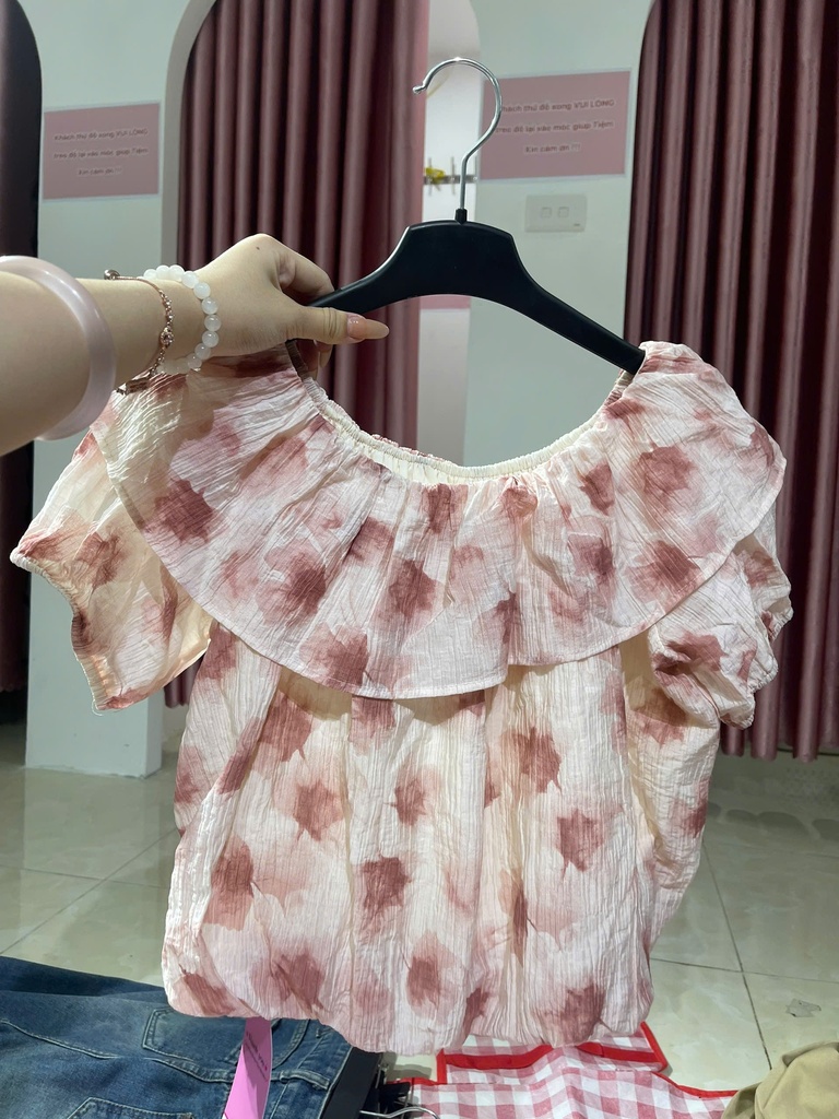 áo bí trễ vai trắng hồng 