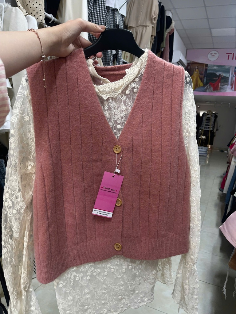 áo len gile hồng phối tay ren kem 