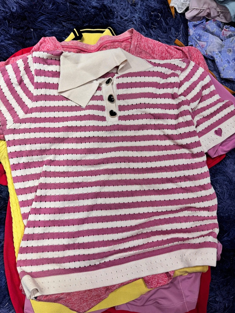 ÁO PHÔNG HỒNG LEN KẺ THANH