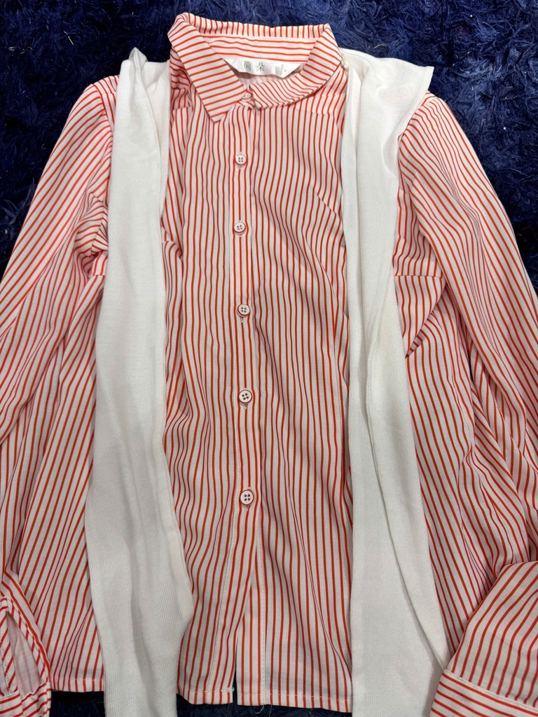 ÁO SƠMI KẺ CAM KÈM DÂY BUỘC CỔ NMPHUONG